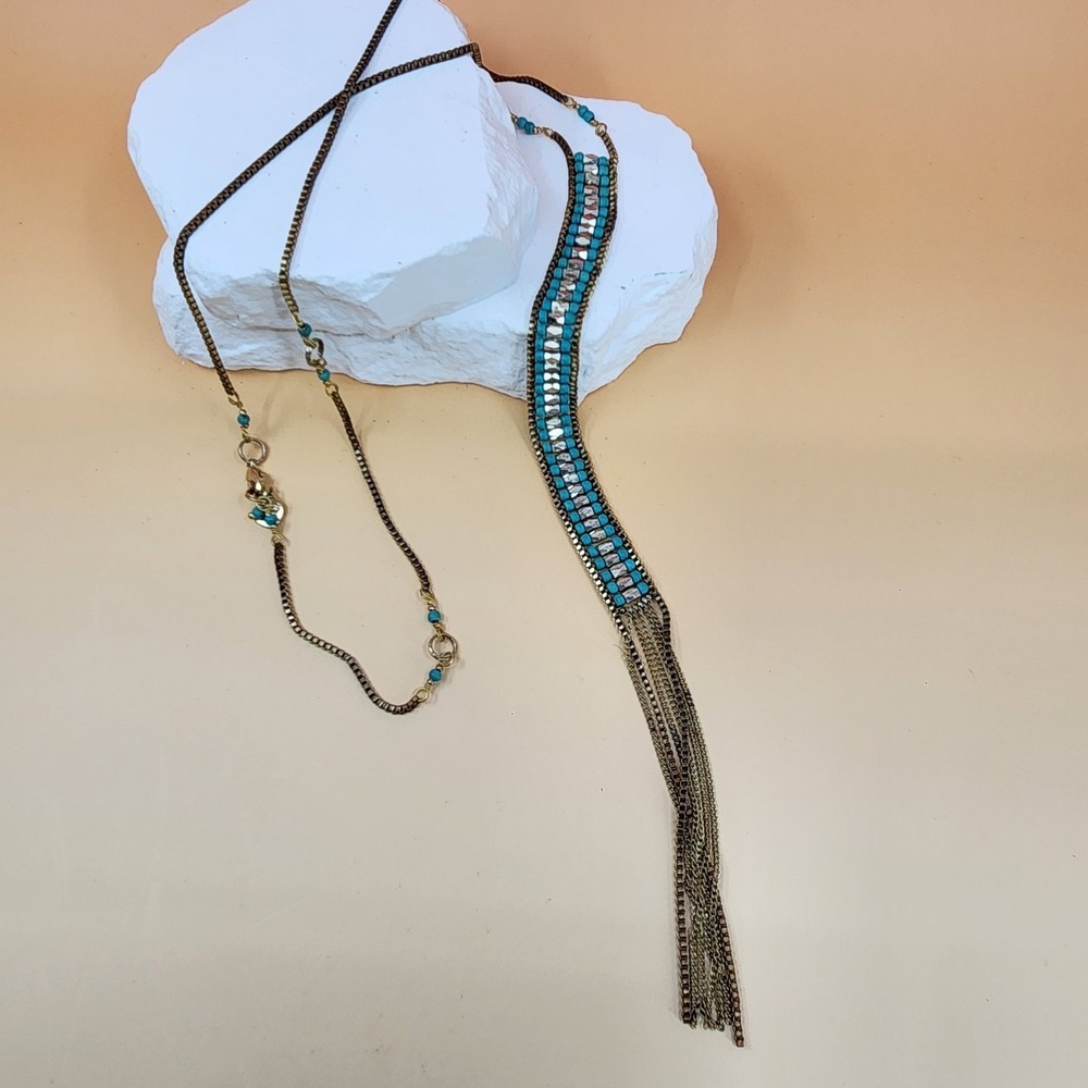 Nakamol Beaded Long Tassel Necklace Turquoise & Gold Tone Southwestern Statement